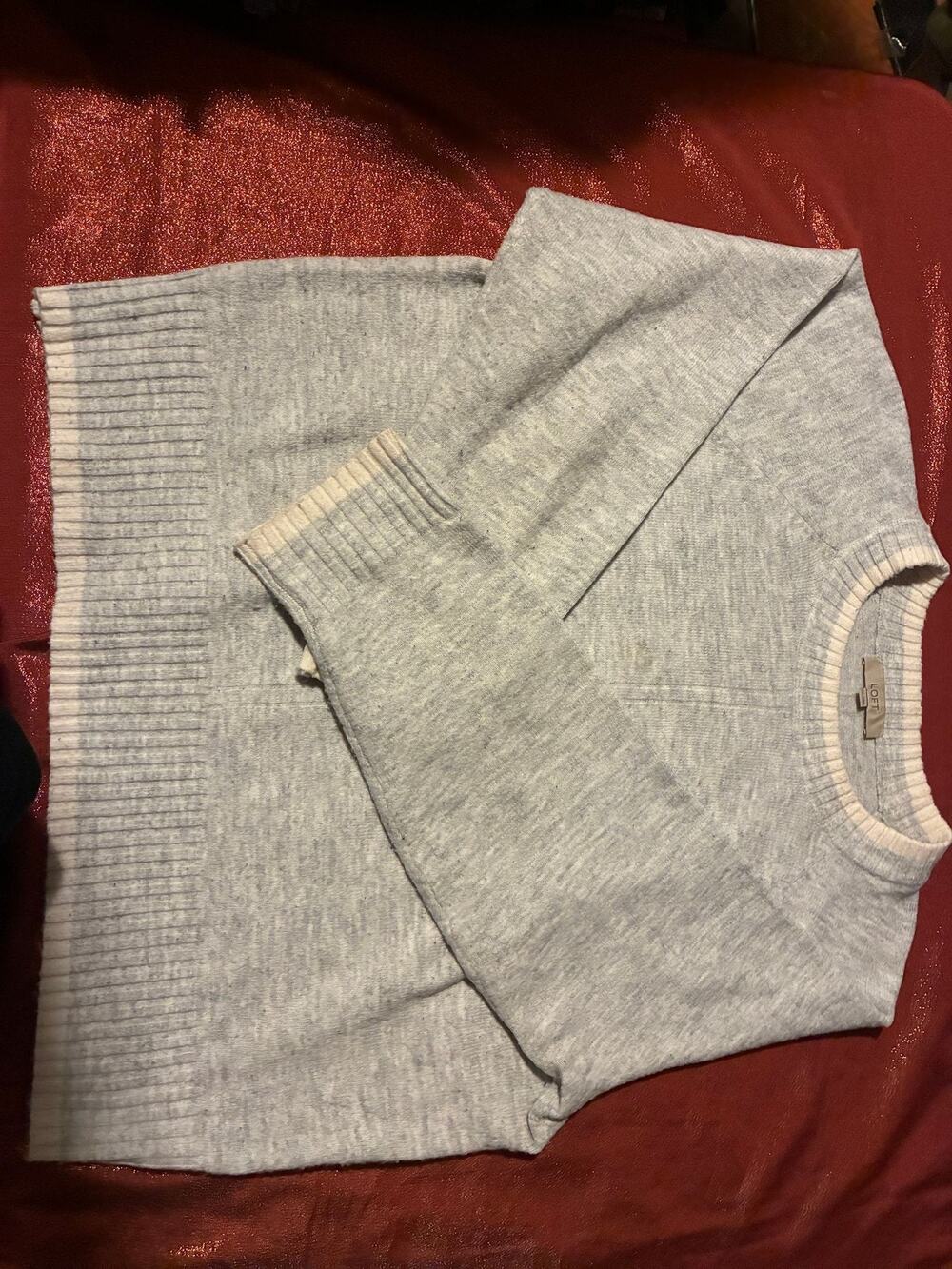 LOFT Sweater Womens XXL Crewneck Long Sleeve Ribbed Hem Heather Gray Ivory Trim